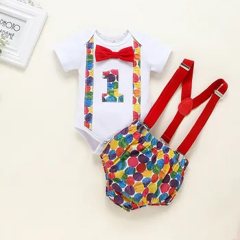 

Baby Short Sleeve Bow Tie One-year-old Birthday Print Romper+suspender Pants Suit Infant Baby Boys Summer Rompers Sets #LR1