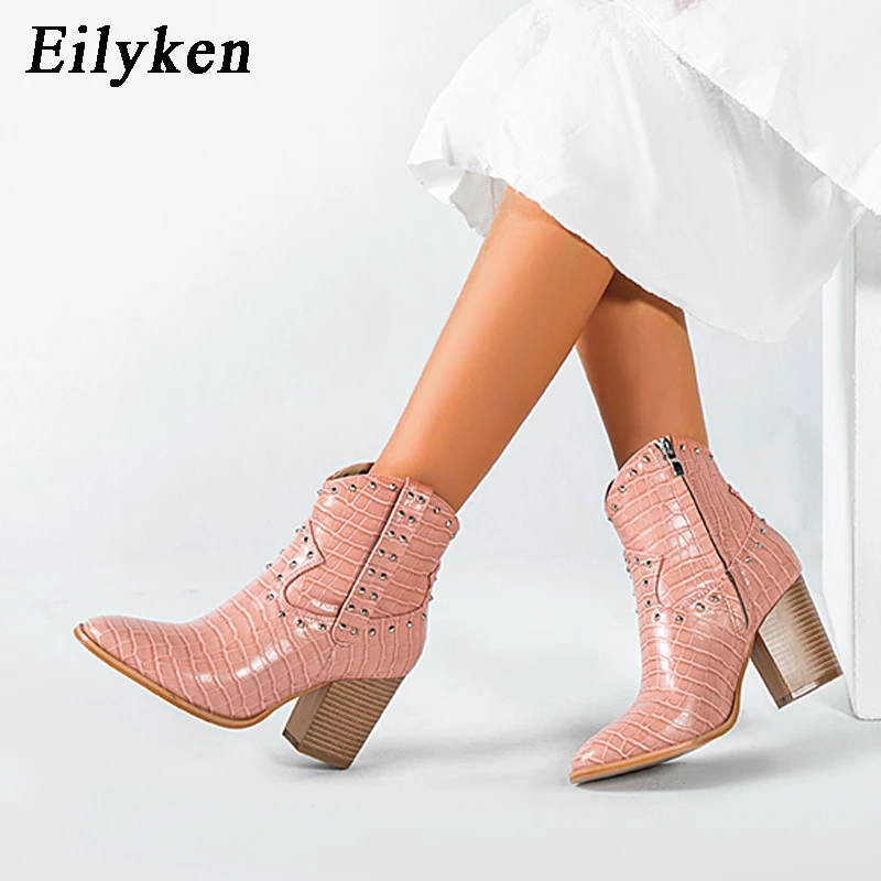 EilyKen женские ботильоны черного цвета из искусственной кожи с заклепками, на высоком каблуке; Осенняя женская обувь; квадратный каблук на платформе, круглый носок, на молнии, вечерние ботинки