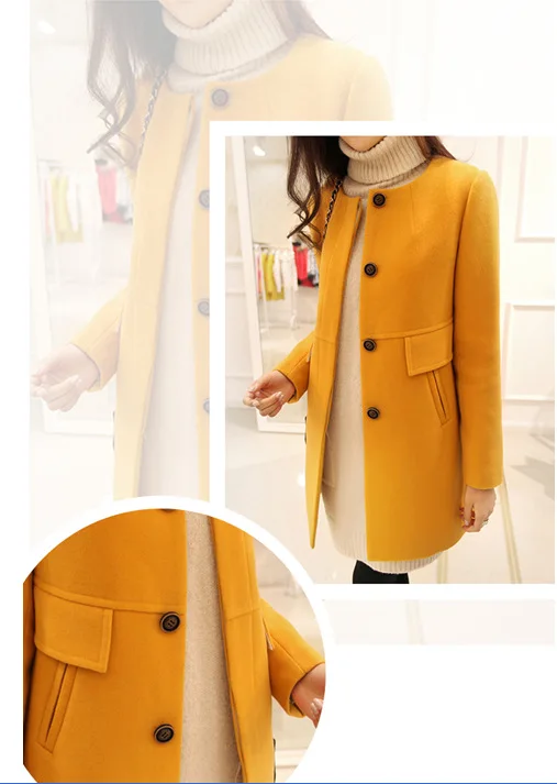 Fionto Новинка весна осень плюс размер шерстяное пальто женское свободное A-aline с длинным рукавом o-образным вырезом средней длины черное желтое корейское пальто