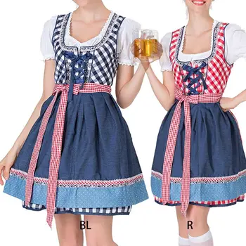 

3Pcs/Set 3Pcs/Set Women Barmaid Dirndl Dress Cross Bandage Square Neck Short Sleeve Plaid Bavarian Oktoberfest Costumes Carnival