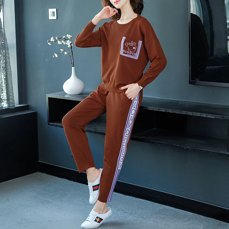 

Womans Wool Warm Knitted Suit trackSuit O-Neck Pullover Sweater Set Trousers Plus Size Knitwear sports suit two piece plus size