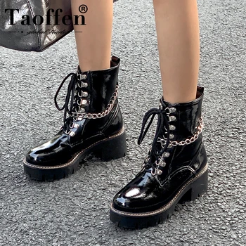 

Taoffen Women Ankle Boots Fashion Platform Fur Warm Winter Shoes Women Lace Up Plush Chain New Style Motorcycle Boot Size 34-43
