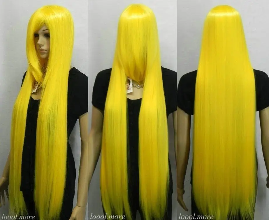 Shun Lady Girls cosplay Peluca perruque 100 см Экстра длинный прямой Косой взрыва ярко-желтый