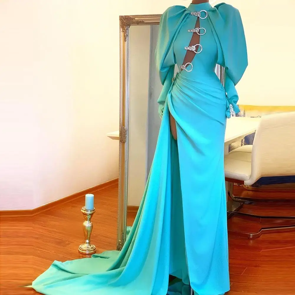 

Sexy Mermaid Crystal Prom Dresses Puffy Sleeves High Split Women Pageant Dressing Gowns Custom Made Long Evening Dress