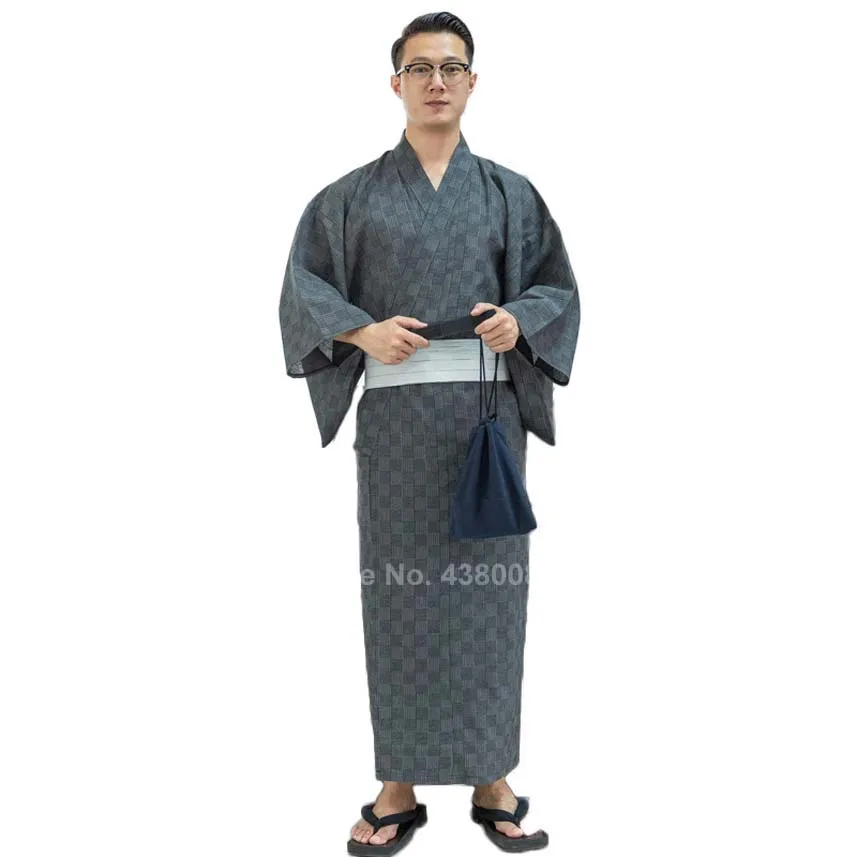 Men Asian Traditional Japanese Costumes New Year Kimono Jinbei Sleepwear Spa Sauna Thin Cotton Yukata Long Bath Robe Gown