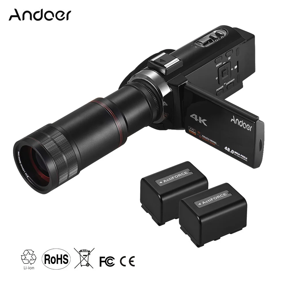 Andoer 4K HD Цифровая видеокамера DV 16X цифровой зум " сенсорный экран ночного видения с 2 батареями+ 8X телеобъектив