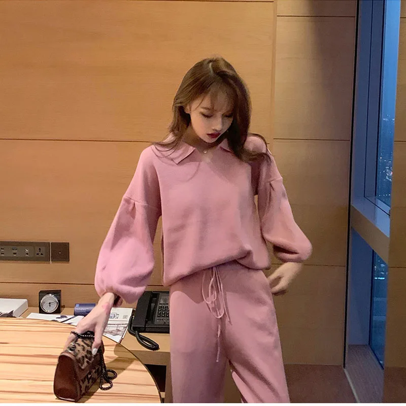 Winter 2 Piece Sweater Set Women Knit Suit Turn-down Collar Casual Short Knitted Suit Korean Clothes New Sweater for Women