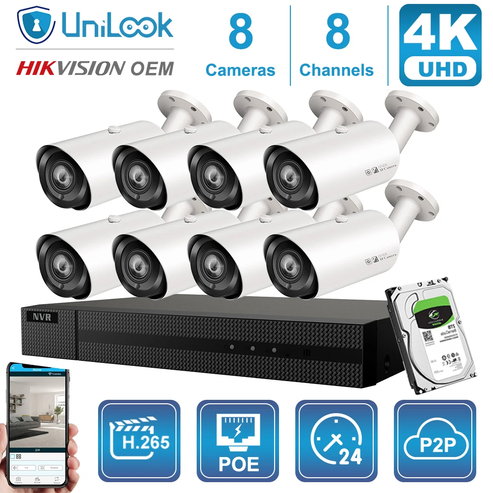 

UniLook 8CH NVR 4/6/8Pcs 8MP Bullet POE IP Camera 4X Zoom Outdoor Security system 2.8-12mm NVR Kit Night Vision H.265 Onvif P2P