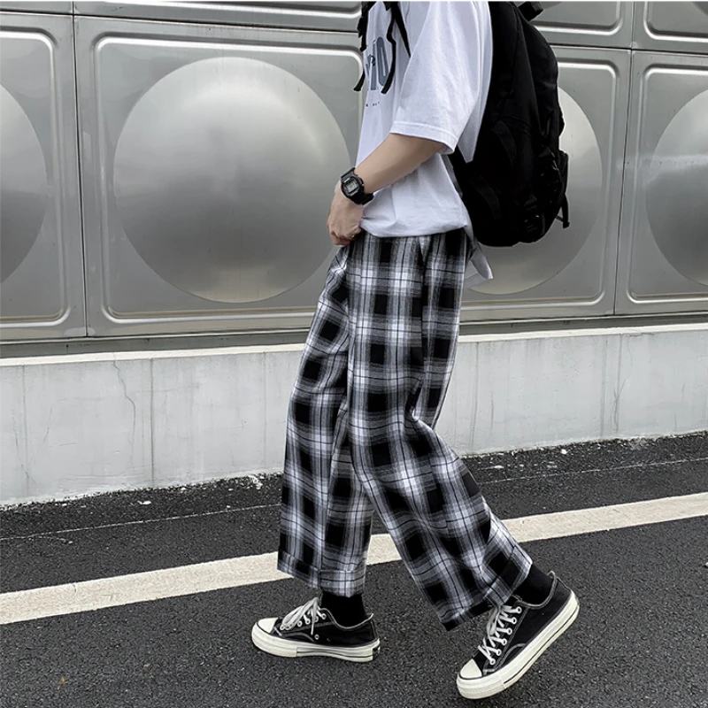 Men Wide Leg Casual Pants Plaid Ankle Length Elastic Waist