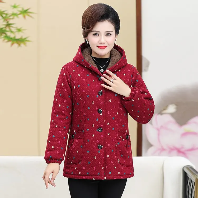 Mom Winter New Style Cotton-padded Clothes Brushed And Thick Women's Mid-length Middle-aged WOMEN'S Apparels Hooded Cotton Coat
