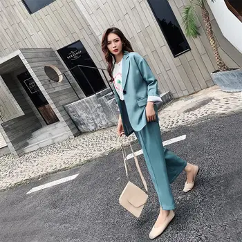 

New arrive Woman Solid Pant Suit Notched Collar Blazer Jacket & Loose Pants Elegant 2 Piece Set Suit Woman 2020 spring