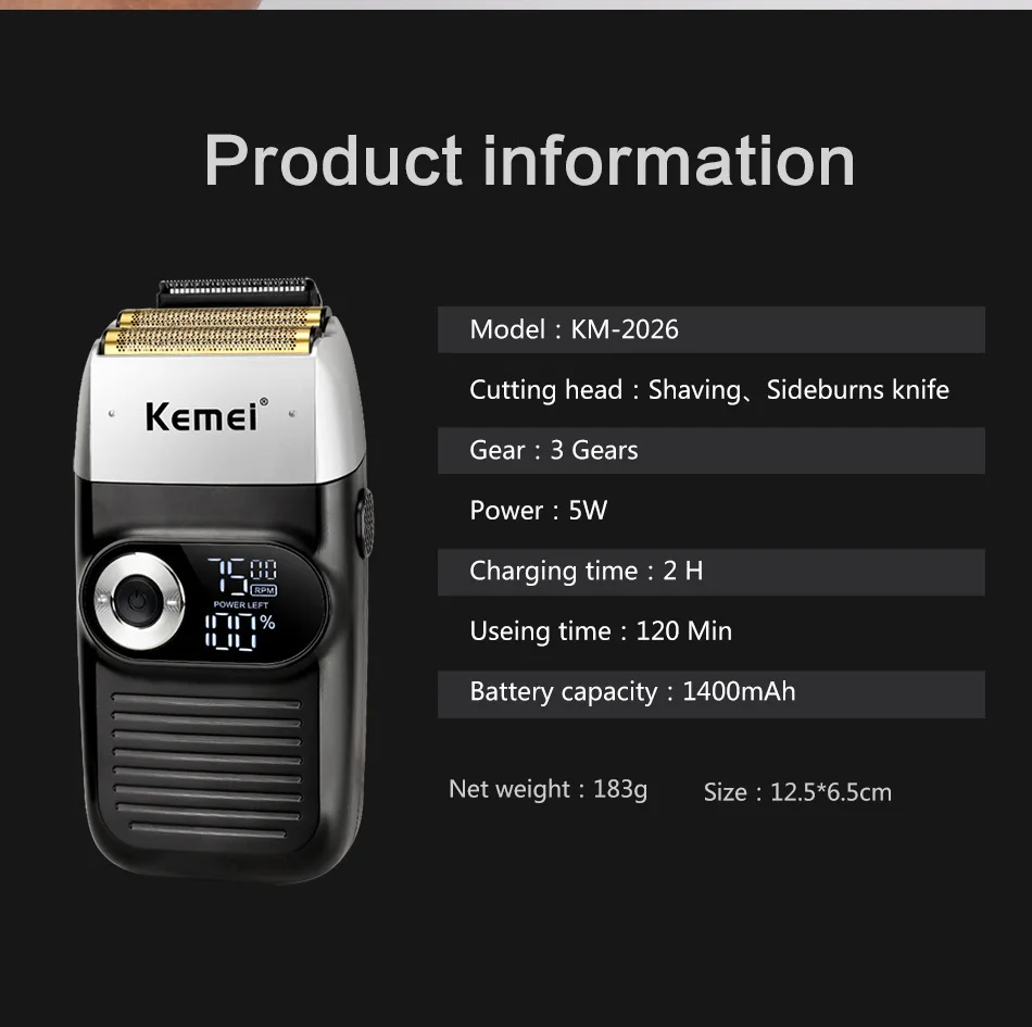 Kemei KM-2026 Powerful Barber Pro Electric Shaver for Men Hair Beard Electric Razor Balds Head Shaving Machine Finishing Fades 4