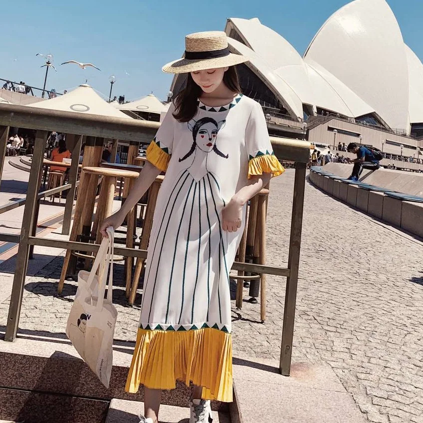 

Photo Shoot CHIC Smell GIRL'S over-the-Knee Long Loose-Fit by Age Crew Neck Catwoman Contrast Color Joint Fishtail Dress Summer