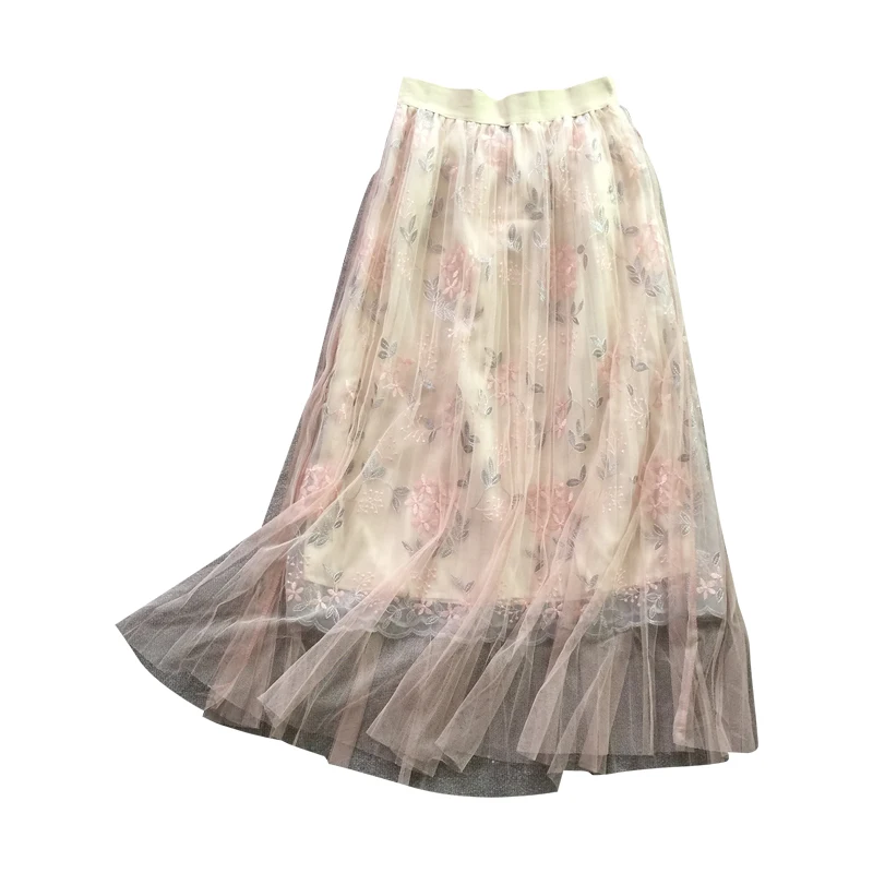 New Elegant Flower Embroidery Multilayer Mesh Pleated Skirt Half length Skirt A Style