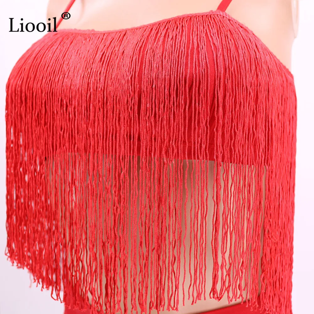 Liooil Белый Красный кисточкой 2 шт набор Bodycon мини платье женское сексуальное Клубная одежда без рукавов с открытой спиной спагетти ночной клуб короткое платье