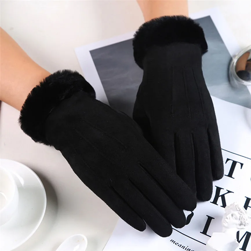 Женские бархатные перчатки, бархатные сохраняющие тепло перчатки для сенсорного экрана, ветрозащитные зимние перчатки, перчатки для велоспорта 15 - Цвет: BK