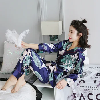 

2PCS Spring Printed Pattern Women Pajama Set Rayon Sleepwear Female Long Sleeve Trousers Two Paper Suit Comfort Casual Homewear
