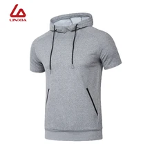 Новая мужская спортивная одежда быстросохнущая с капюшоном, для бега, для велоспорта, для тренировок, для тренировок, с коротким рукавом, дышащие спортивные рубашки, спортивная одежда