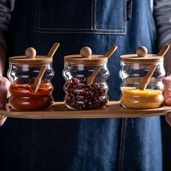 

3 In 1 Seasoning Box Glass Seasoning Pot Borosilicate Glass Seasoning Bottle Seasoning Jar Salt Pot Seasoning Box Three-piece