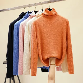 

HLBCBG Turtleneck Pile Collar Women Sweater Autumn Long Sleeve Black White Pullover Tops Winter Clothes Women Elastic Knitwear