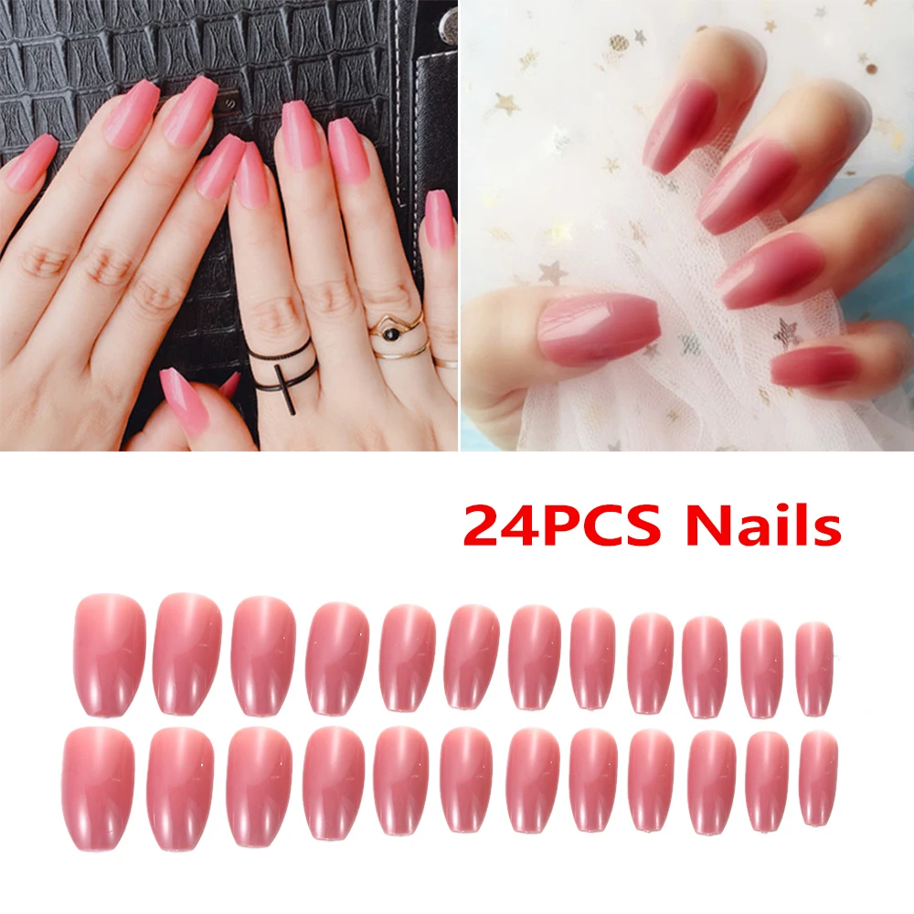 

24 pcs French Style False Nails Extensions Pure Color Ballerina False Nails Coffin Shape Full Cover Fake Nail Art Finger