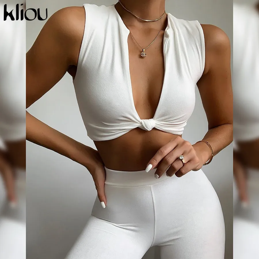 Kliou-Conjunto de dos piezas apiladas para mujer, chándales con cuello de pico, conjuntos a juego de Fitness, Tops cortos, Leggings para trotar, ropa deportiva, conjuntos de entrenamiento