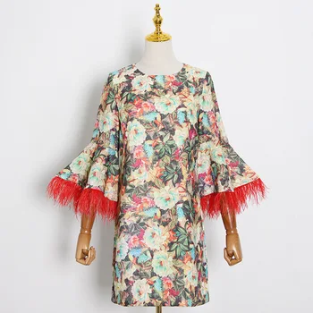 

HIGH QUALITY New Fashion Runway 2020 Designer dress Women's O-Neck Flare Sleeve Feathers Tassel Floral Print short dress
