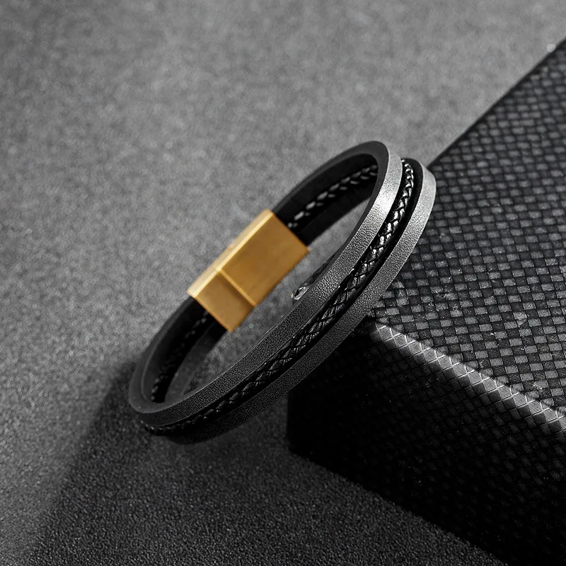 

Elegant and simple style men's stainless steel leather bracelet mixed leather woven men's bracelet size 18.5cm / 20.5cm / 22cm