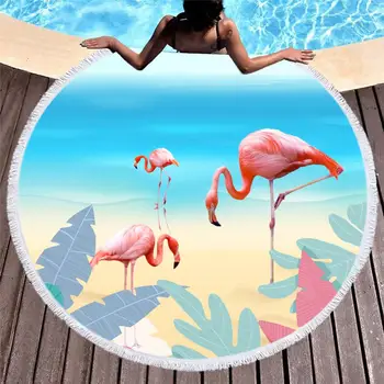 

Flamingo Round Beach Towel Tassel leaf Blanket Picnic Yoga Mat Travel Boho Tablecloth Absorbent Swimming mat toalla de playa 003