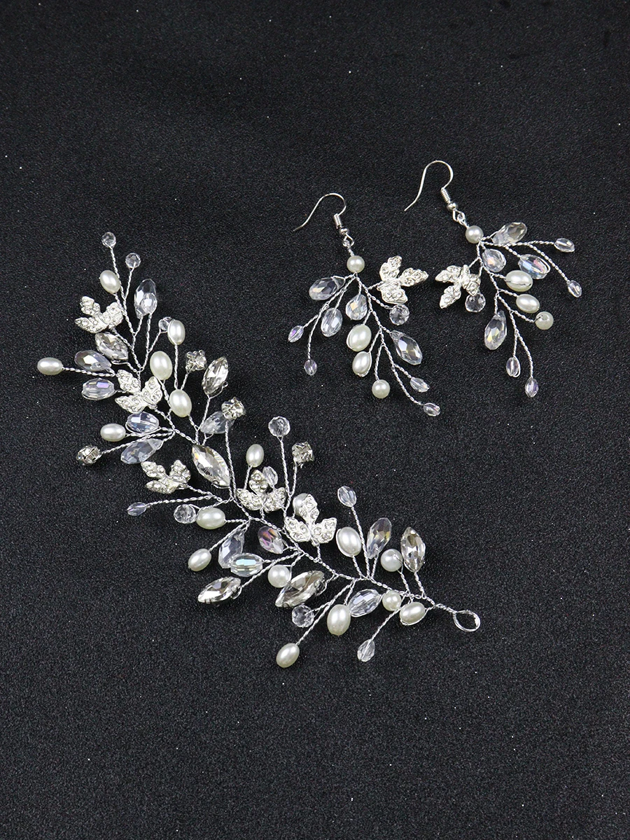 Fashion Silver Hair Clips Earrings Set Pearls Leaves Headbands Women Crystal Headdresses for hair Wedding Bridal Hairbands