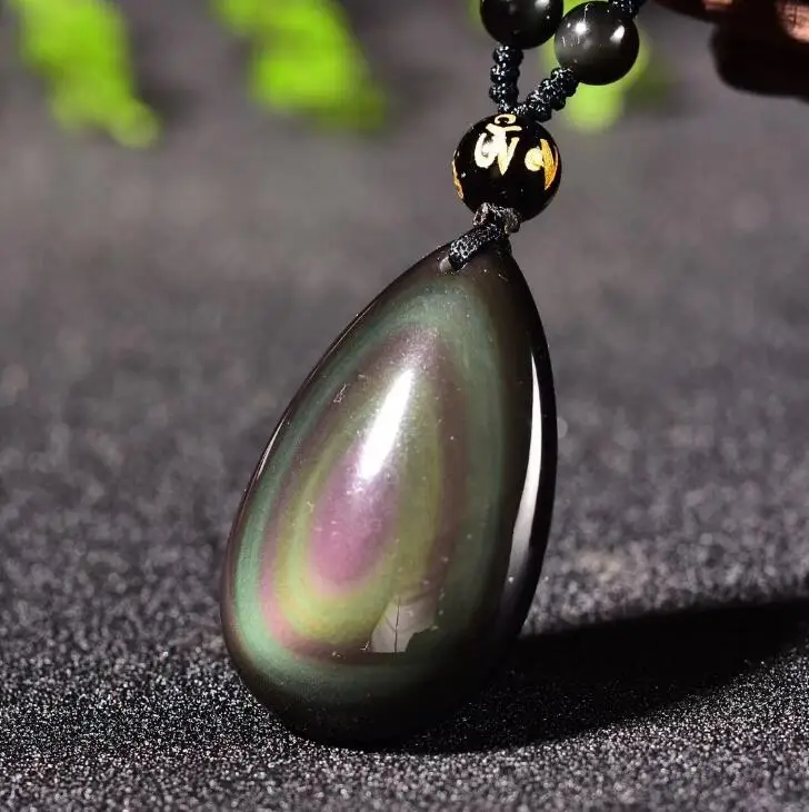 Wholesale Rainbow eye  Natural Obsidian Water Drop Pendants Rope Necklaces Lucky for Men Women Safety Amulet Stone Jewelry 3