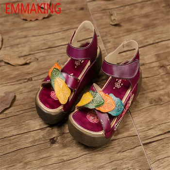 

EMMAKING 2020 Geniune leather high heels Retro splicing stiching Hook&Loop Mixed color Bohemia Thick sole sandals for women