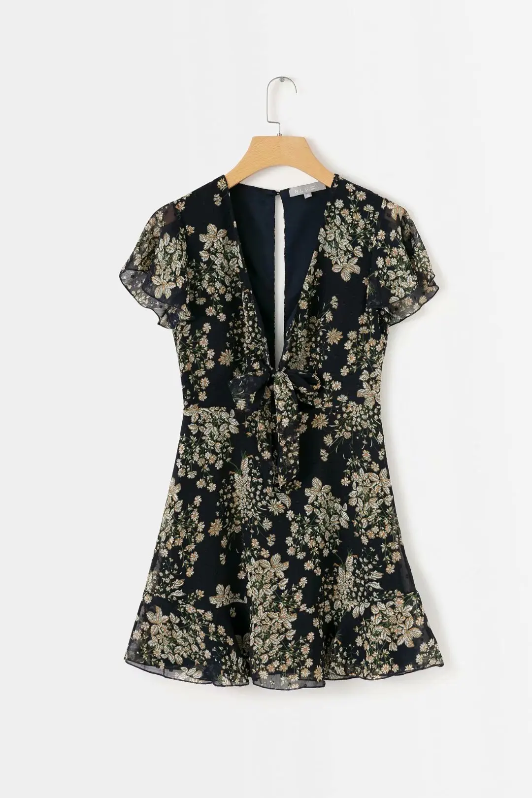 

Europe And America 2019 Summer New Style Slim Fit Slimming French Retro Pastoral Deep V-neck Knot Floral Printed Dress Short Ski