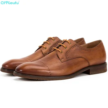 

QYFCIOUFU 2019 New High Quality Genuine Leather Flats Men Lace-Up Vintage Business Dress Men Oxfords Shoes Male Formal Shoes