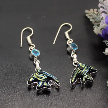 

Trendy Dichroic Glass BlueTopaz Silver Color For Women Drop Dangle Earrings 2 1/4 inch HD26