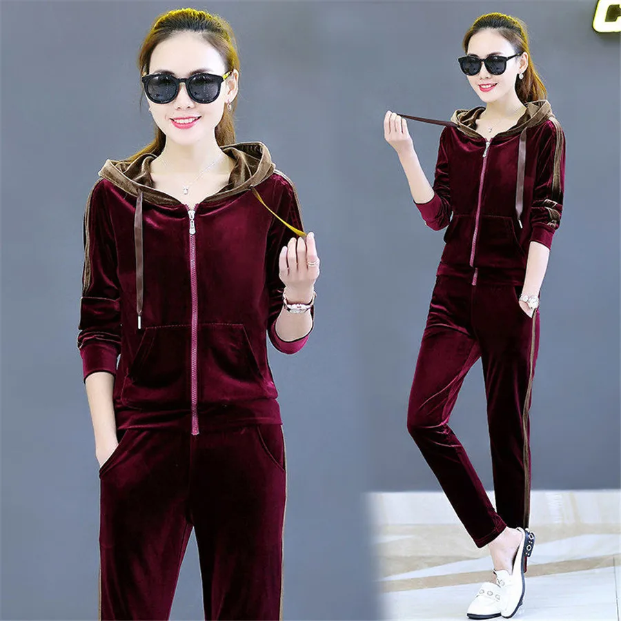 

Spring Autumn Tracksuit For Women Two Piece Running Set Stripe Top And Pants Women Velvet Suits Fitness Set Sportswear