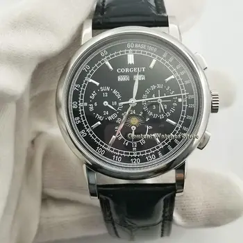 

Corgeut 42mm Mens Watch Clock Black Dial Moon Phase Silver Case Automatic Date Week Display Mens Watch