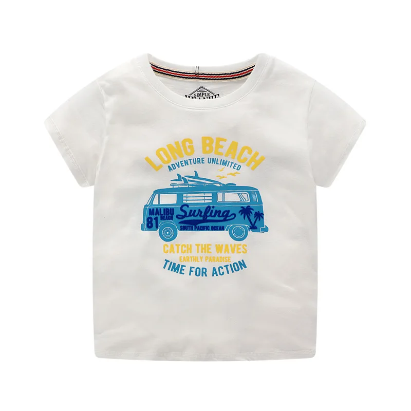 

Western Style Big Boy Cartoon Bus Flocked Printed Short Sleeve Crew Neck Tops Childrenswear BOY'S Pure Cotton Brushed T-shirt