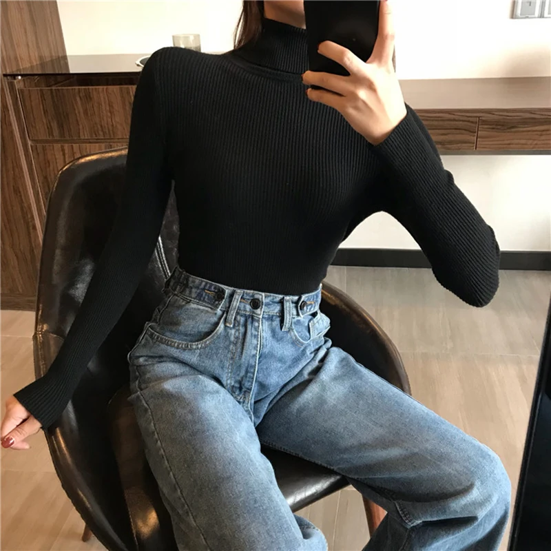 2019 Slim Long Sleeve Turtleneck Autumn Winter Sweater Women Knitted Ribbed Pullover Sweater Jumper Soft Warm Pull Femme 6897 50