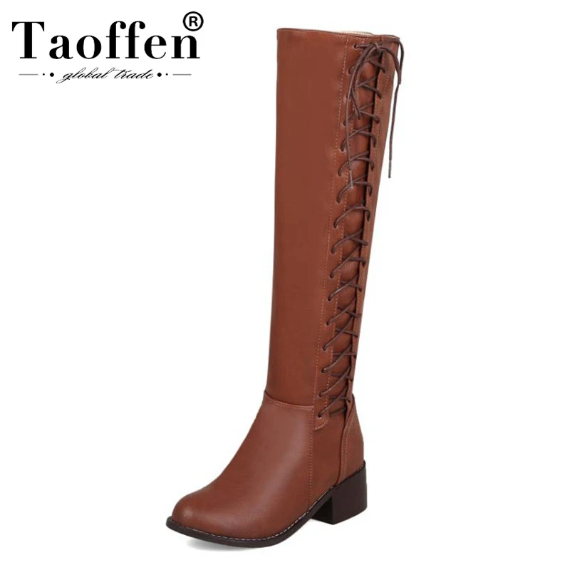 

Taoffen Plus Size 33-50 Knee High Boots Short Plush Block Low Heel Zip Women Boots Lace Up Keep Slim Round Toe Boots