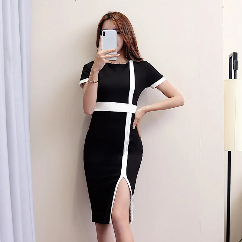 

2019 Spring And Summer New Style Slit Medium-length Dress-Style Mixed Colors Short Sleeve Fitted Skirt Tight-Fit Sheath Business