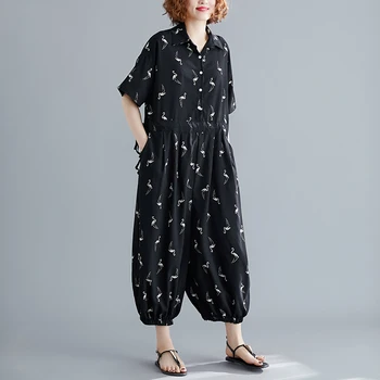 

BIG SIZE Summer Women Fashion Elegant Bird Print Tops Female Lady Plus Large Short Sleeve Long Drawstring Loose Romper Jumpsuit