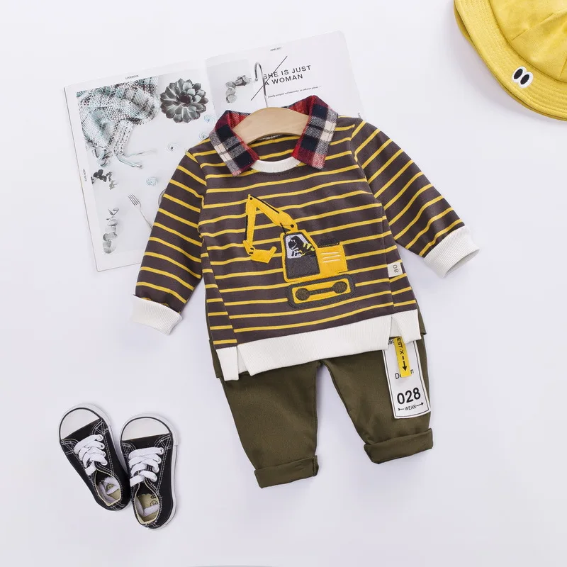 

Childrenswear 2019 New Style Autumn Korean-style BOY'S Baby CHILDREN'S Cartoon Stripes Long Sleeve T-shirt Suit Spring And Autum
