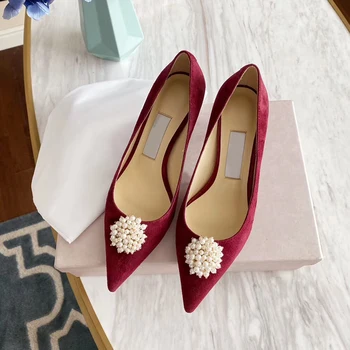 

Women's high heel spring and autumn wild shallow mouth wedding shoes pointed luxury diamond rhinestone pearl suede heeled shoes