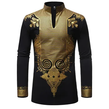 

EU Size African Dashiki Print Cotton Tee T Shirt For Men Traditional Tops Blouse Long Sleeves High Collar Metallic Plus Size