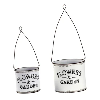 

2pcs Iron Art Flower Pot Tin Pot Household Garden Pot Gardening Daily Flower Arrangement Hanging Pot (White Letter Embossing)