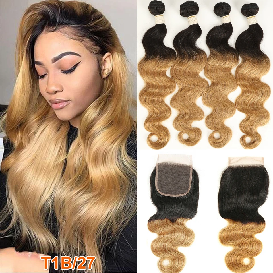 Rebecca Ombre Bundles With Frontal Two Tone 1B/99J 1B/27 1B/30 Colors Brazilian Body Wave 3 4  Bundles With Lace Frontal Closure