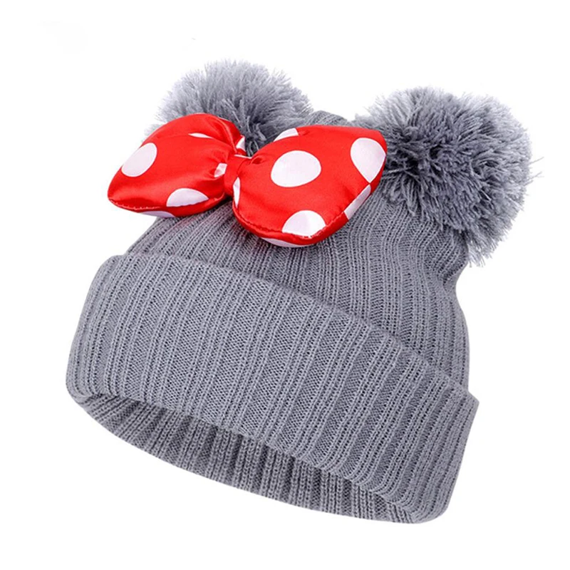 Winter Children Big Bowknot Hat Baby Cap Thick Warm Knitting Cotton Beanie Kids Girls Cartoon Cute Dot Bow Caps Bonnet