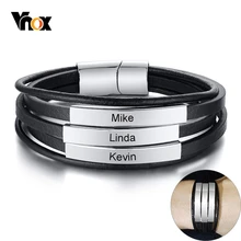 Vnox personnalisez le Bracelet de noms de famille pour les hommes Bracelet en cuir multicouche avec étiquette en acier inoxydable brillant Bracelet Punk large