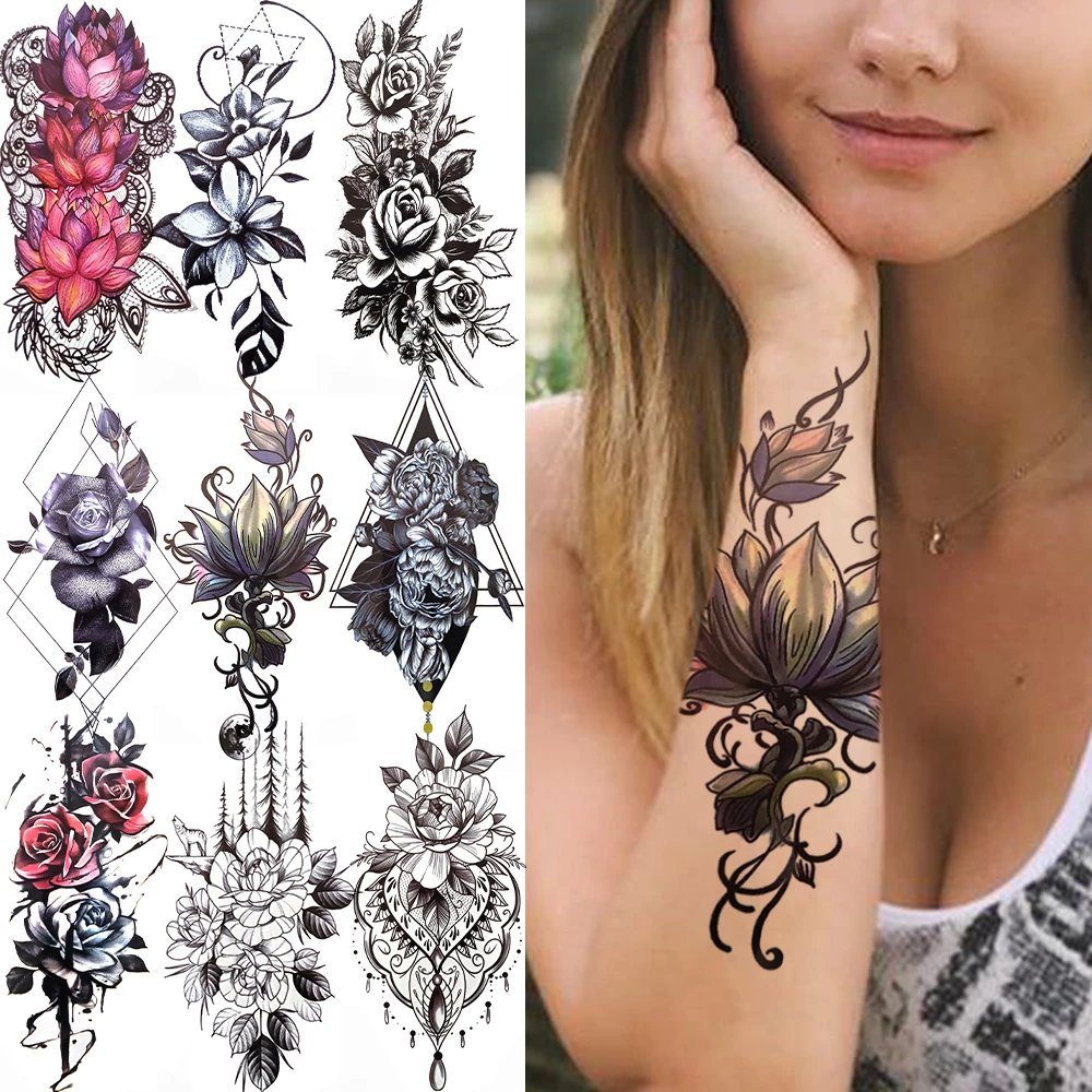 Tatouage Aquarelle Noir Et Blanc Feuilles de tatouage temporaire Lotus aquarelle, fausses fleurs, lys noir,  pivoine Rose, Dahlia géométrique, autocollants pour femmes adultes |  AliExpress